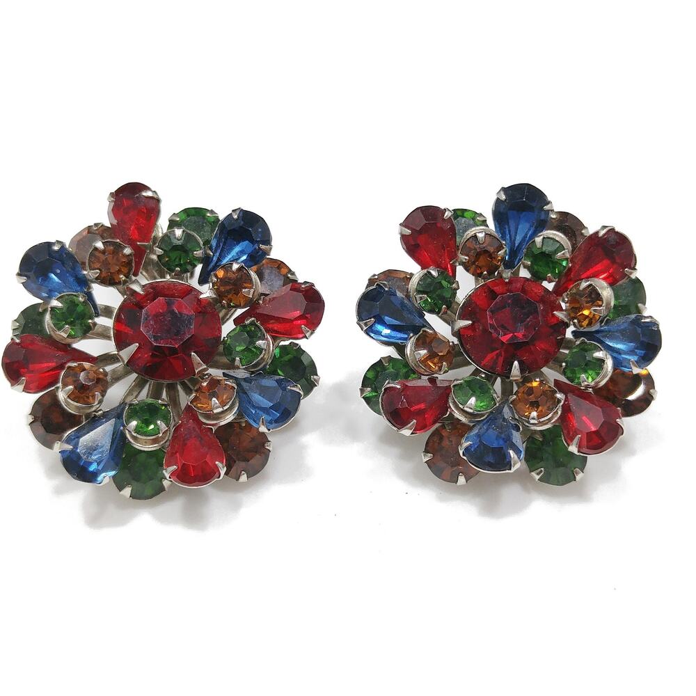 Vintage Multicolored Rhinestone Earrings, 1950s Floral Clips